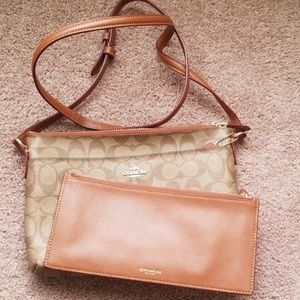 Coach Signature Canvas East/West Crossbody Bag W/ Leather Pop Up Pouch